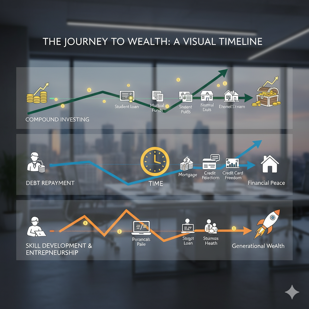 Visual timeline showing impact of different investment strategies on wealth accumulation